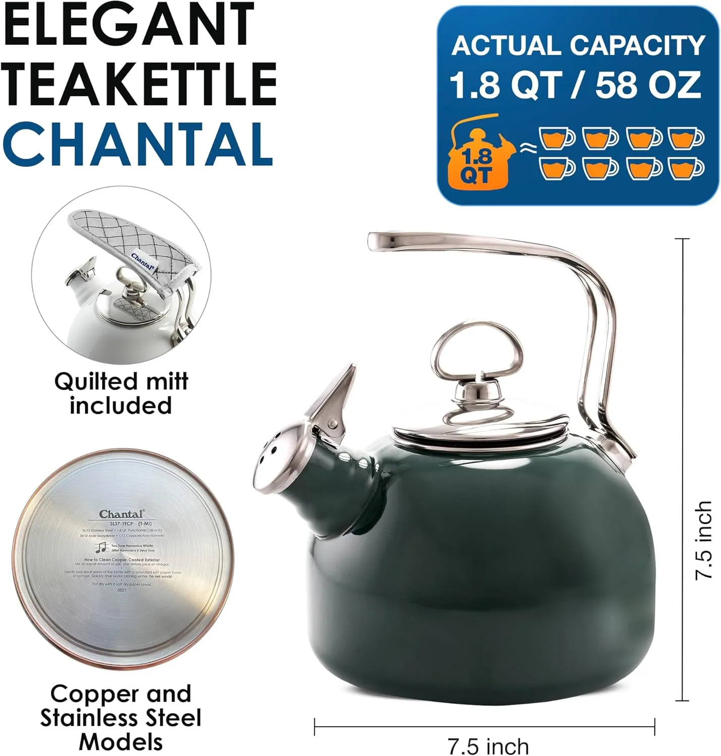 Chantal Classic Teakettle, 1.8 QT, Enamel On Steel, 2-Tone Harmonica Whistle, Rapid Boil and Even Heating (Dark Green)