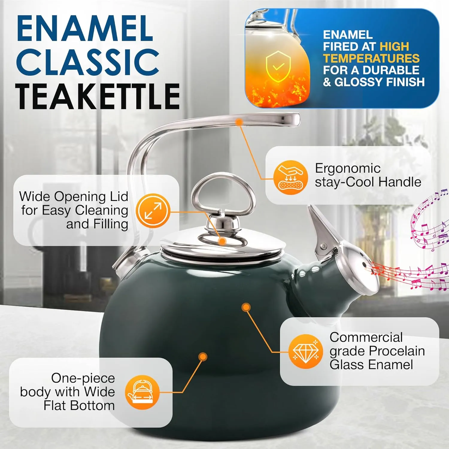Chantal Classic Teakettle, 1.8 QT, Enamel On Steel, 2-Tone Harmonica Whistle, Rapid Boil and Even Heating (Dark Green)