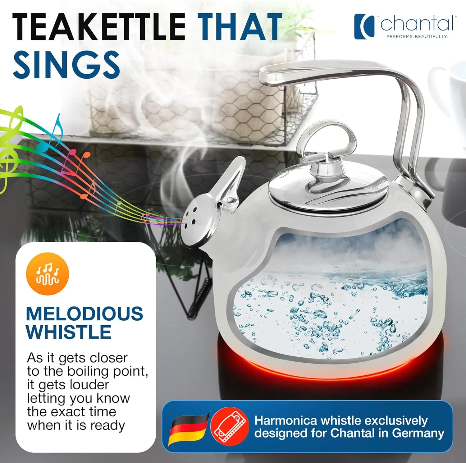 Chantal Classic Teakettle, 1.8 QT, Enamel On Steel, 2-Tone Harmonica Whistle, Rapid Boil and Even Heating (Dark Green)