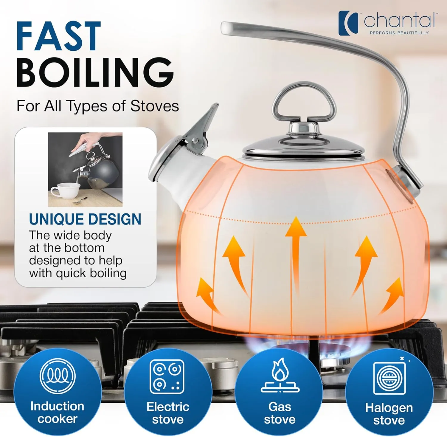 Chantal Classic Teakettle, 1.8 QT, Enamel On Steel, 2-Tone Harmonica Whistle, Rapid Boil and Even Heating (Dark Green)