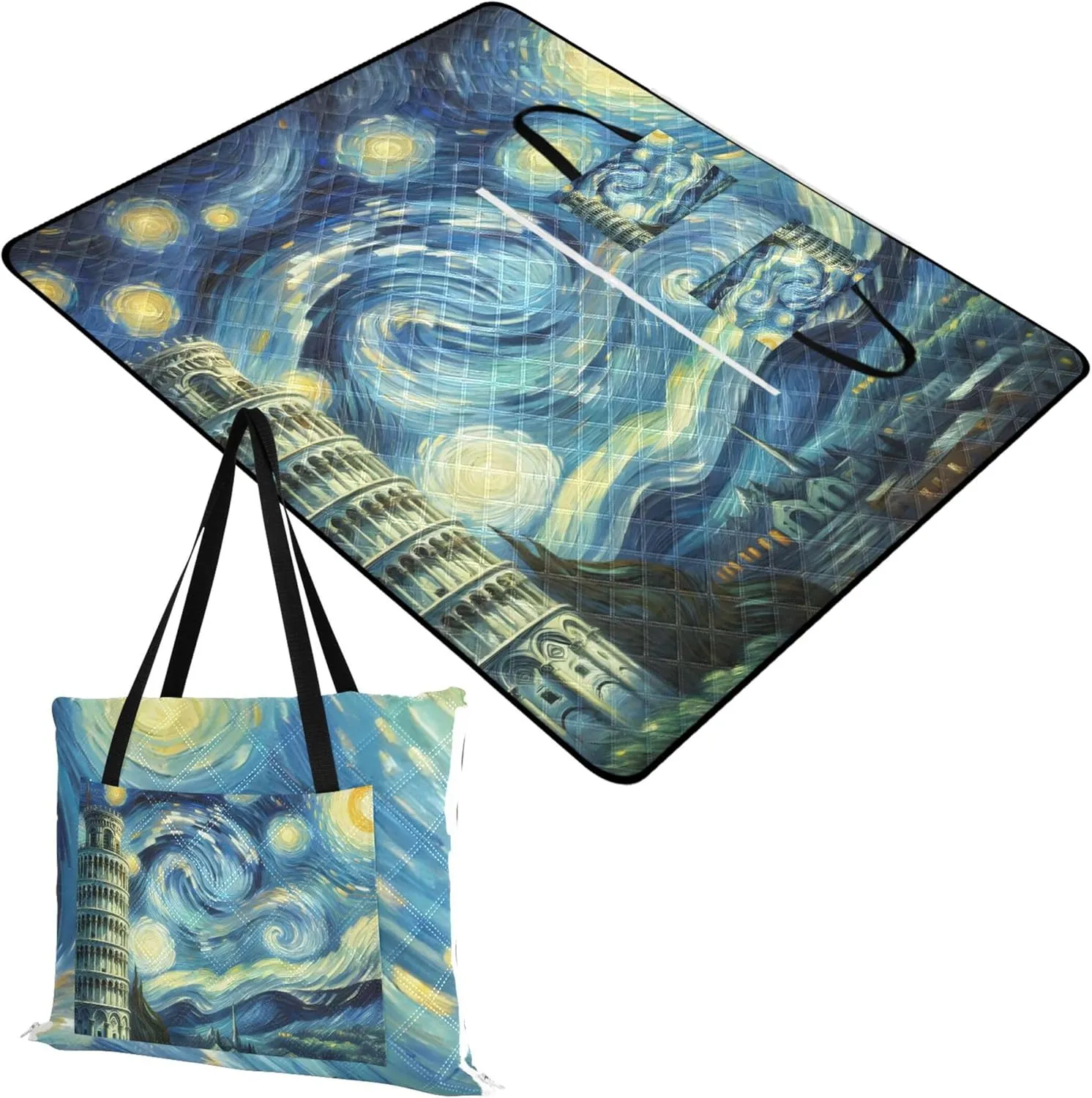 CHIFIGNO Tower Starry Night Oversized Beach Blanket Waterproof Picnic Supplies Foldable Mat Print Camping Blankets for Grass 80" x 60"