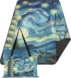 CHIFIGNO Tower Starry Night Oversized Beach Blanket Waterproof Picnic Supplies Foldable Mat Print Camping Blankets for Grass 80" x 60"