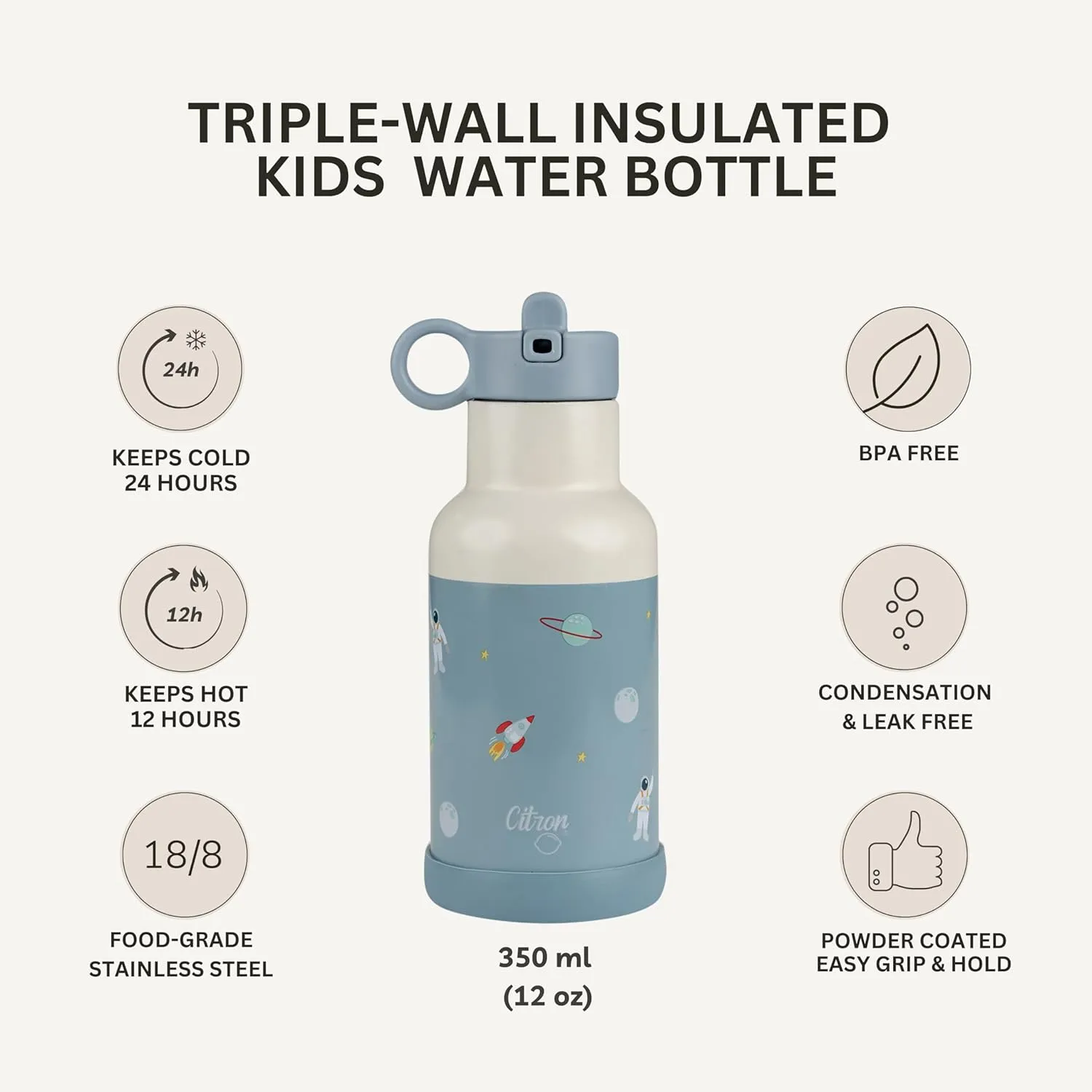 Citron Water Bottle Stainless Steel - 350ml - Vacuum-insulated with a triple wall to maintain drinks at temperature - Liquids stay warm for 12hr and cold for 24hr