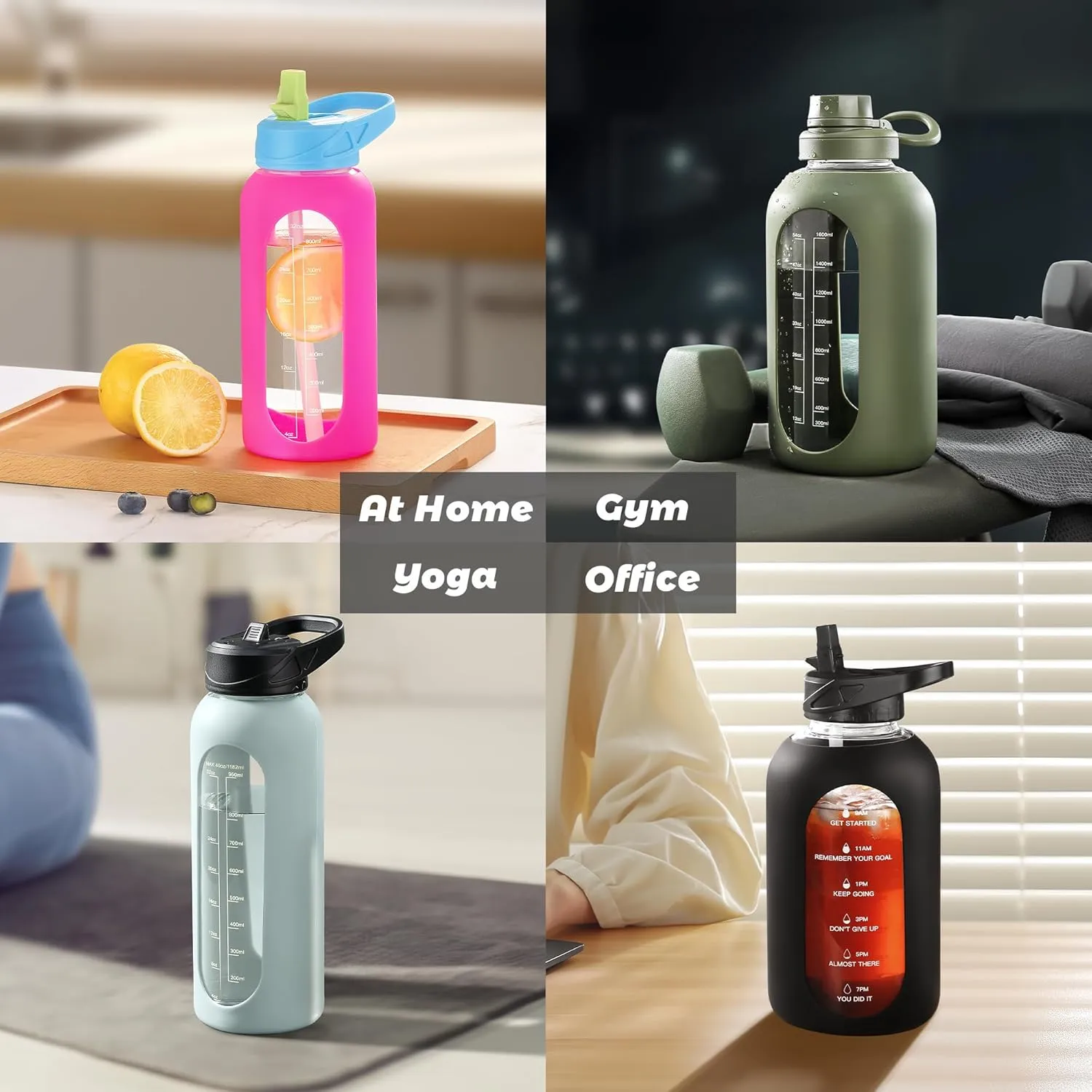 CIVAGO 32 oz Glass Water Bottle with Straw and Handle, Large Sports Motivational Water Bottle Flask with Time Marker and 2 Lids, Leakproof Water Jug Canteen with Silicone Sleeve for Gym,Sage…