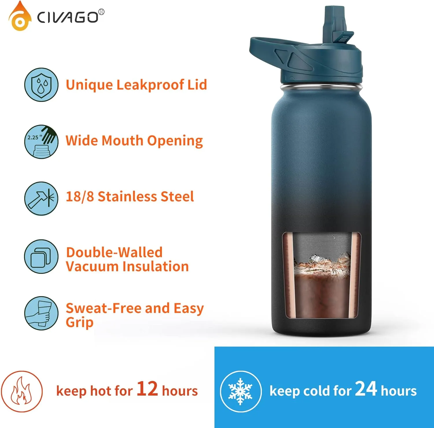 CIVAGO 64 oz Insulated Water Bottle With Straw, Half Gallon Stainless Steel Sports Water Flask Jug with 3 Lids (Straw, Spout and Handle Lid), Large Metal Thermal Cup Mug, Army Green