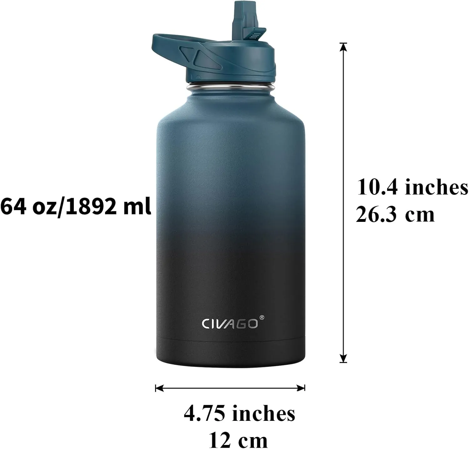 CIVAGO 64 oz Insulated Water Bottle With Straw, Half Gallon Stainless Steel Sports Water Flask Jug with 3 Lids (Straw, Spout and Handle Lid), Large Metal Thermal Cup Mug, Army Green