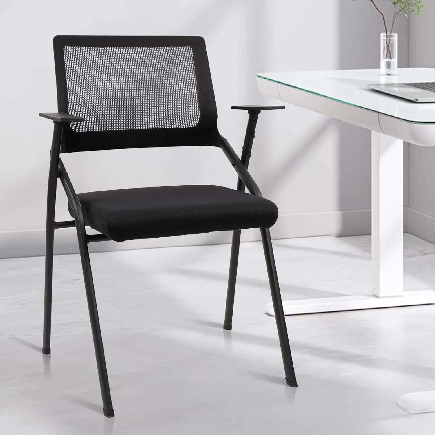 CLATINA Stackable & Foldable Office Chairs with Ergonomic Lumbar Support and Thickened Seat Cushion, Folding Mesh Fabric Reception Guest Chair for School Church Conference Waiting Room Black (1pk)