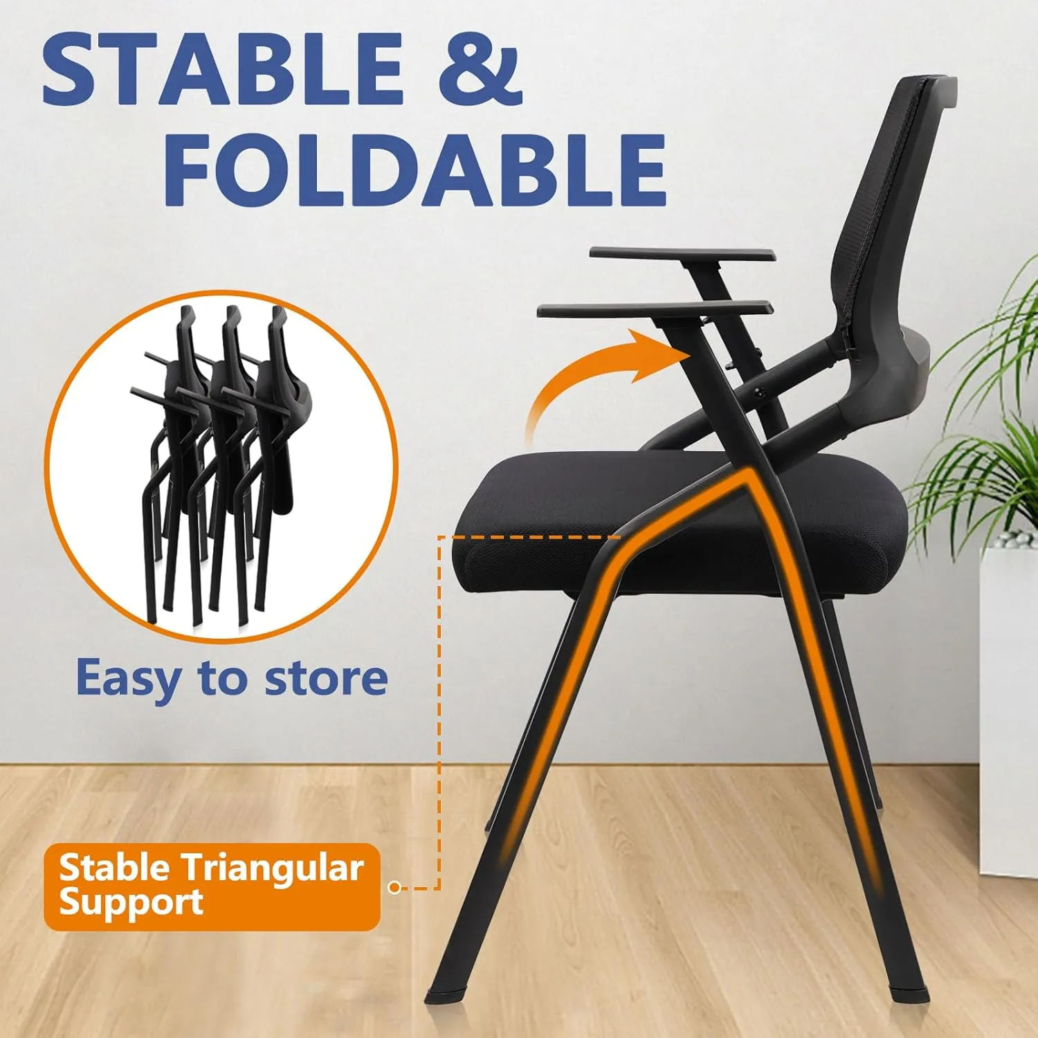 CLATINA Stackable & Foldable Office Chairs with Ergonomic Lumbar Support and Thickened Seat Cushion, Folding Mesh Fabric Reception Guest Chair for School Church Conference Waiting Room Black (1pk)