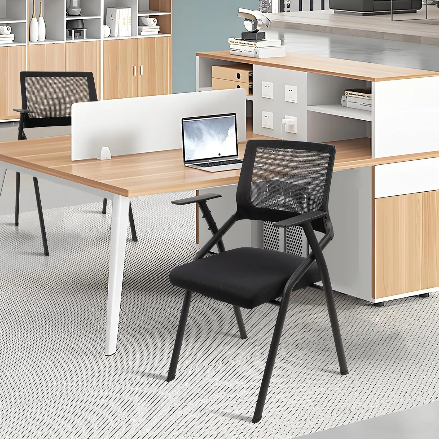 CLATINA Stackable & Foldable Office Chairs with Ergonomic Lumbar Support and Thickened Seat Cushion, Folding Mesh Fabric Reception Guest Chair for School Church Conference Waiting Room Black (1pk)