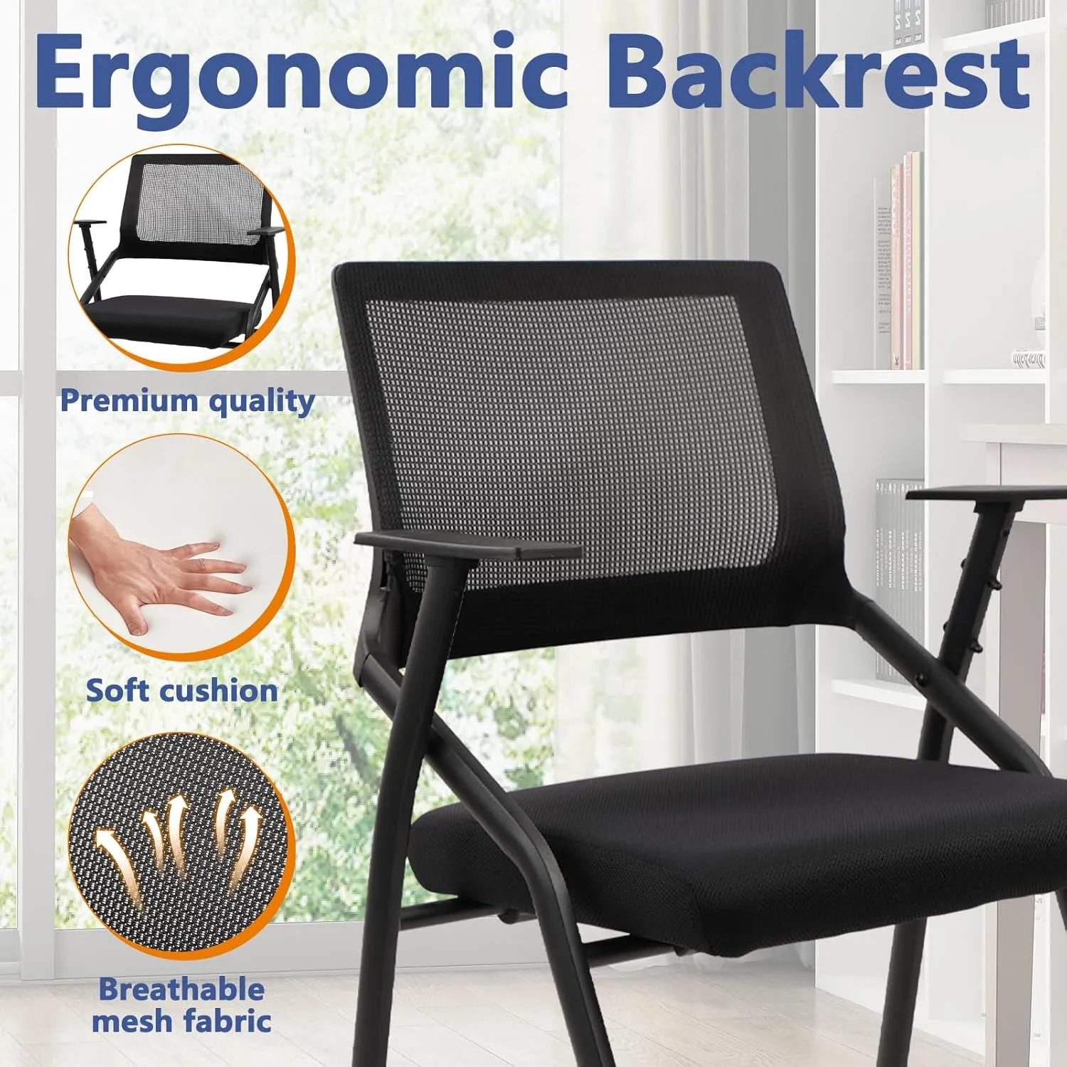 CLATINA Stackable & Foldable Office Chairs with Ergonomic Lumbar Support and Thickened Seat Cushion, Folding Mesh Fabric Reception Guest Chair for School Church Conference Waiting Room Black (1pk)