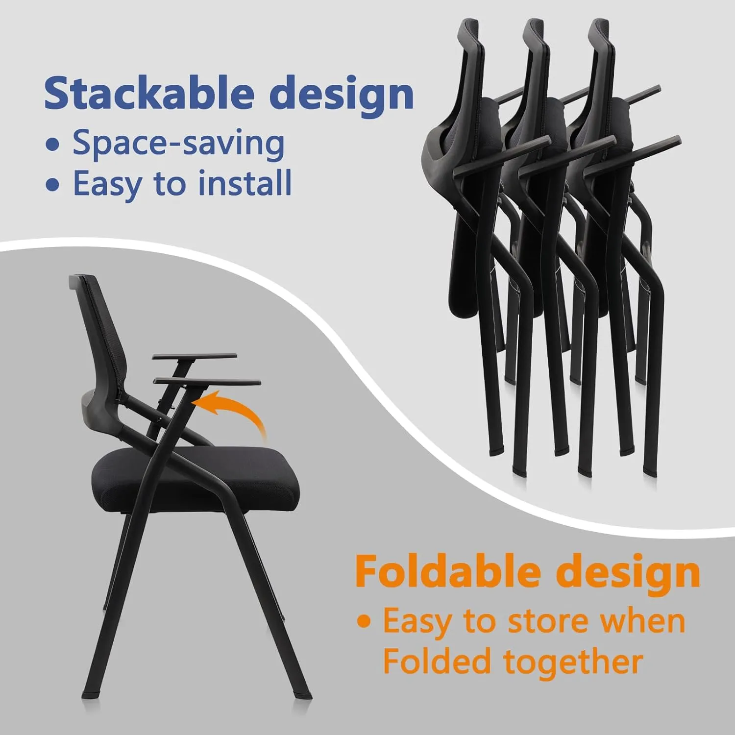 CLATINA Stackable & Foldable Office Chairs with Ergonomic Lumbar Support and Thickened Seat Cushion, Folding Mesh Fabric Reception Guest Chair for School Church Conference Waiting Room Black (1pk)