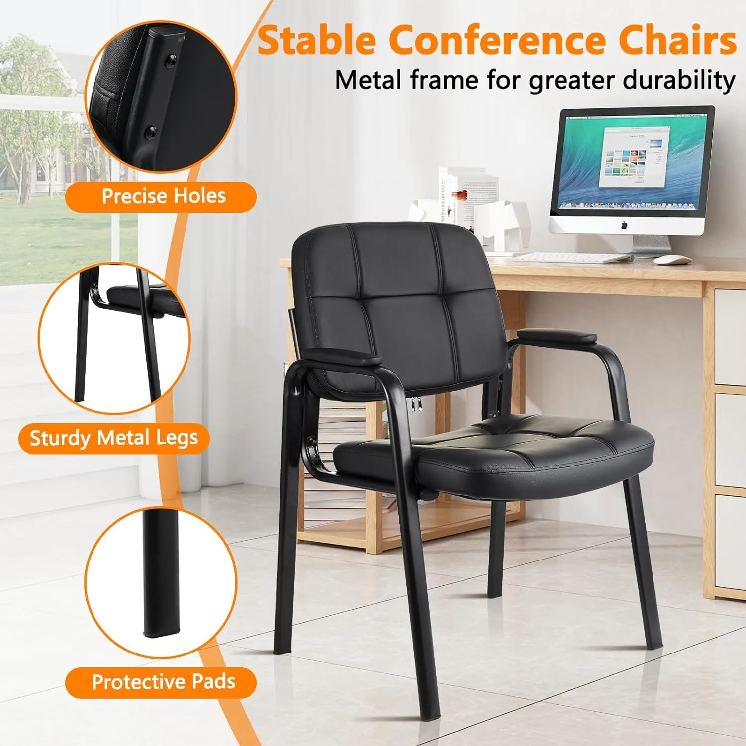 CLATINA Waiting Room Guest Chair with Bonded Leather Padded Arm Rest for Office Reception and Conference Desk Black 2 Pack