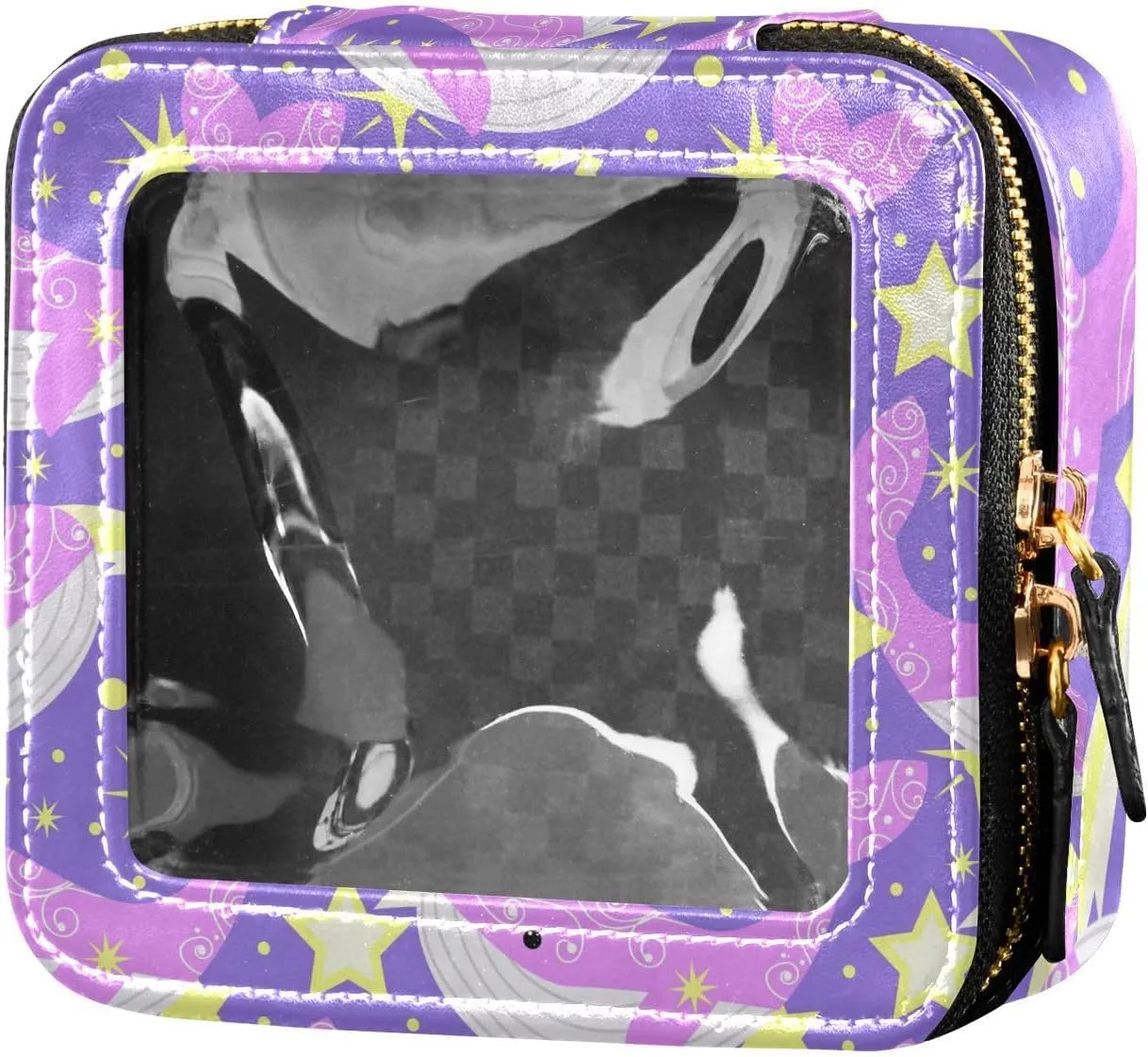 Clear Makeup Bag Mini Travel Cosmetic Case Transparent Toiletry Bag with Zipper, Portable Make Up Bag Leather Makeup Pouch for Women-Lilac Whales on Violet Background