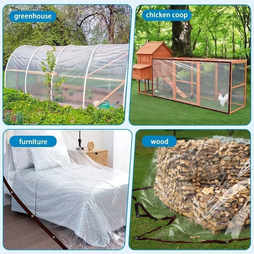 Clear Tarp - Heavy Duty Waterproof 6x8FT Plastic Tarps with Grommets Clear Vinyl Tarps for Outdoor Porches Transparent Tarpaulin for Patio Enclosure Roofs Greenhouse Plant Chicken Coop Cover