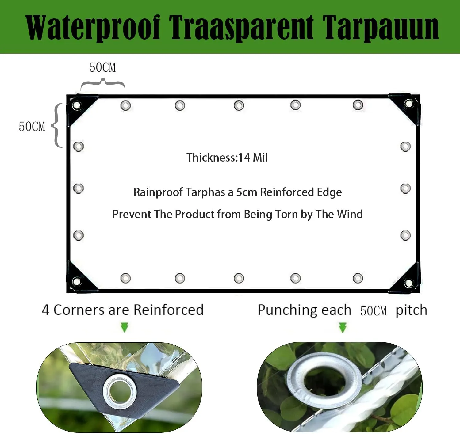 Clear Tarp with Grommets Heavy Duty Waterproof Tarps 14mil Thickened Plastic Transparent Tarp Tear Resistant PVC Vinyl Cover for Greenhouse Patio Porch Outdoor Pergola Canopy Chicken Coop