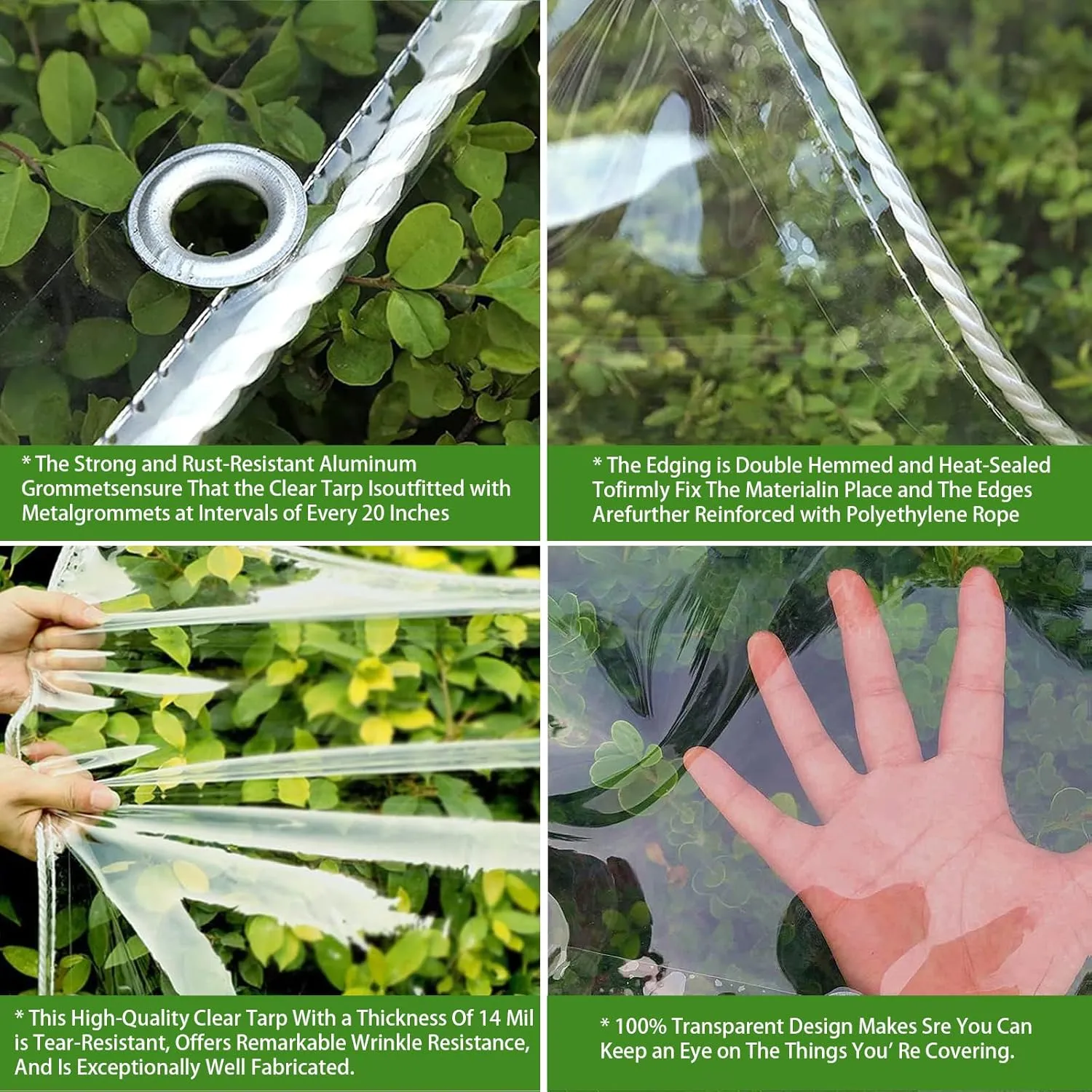 Clear Tarp with Grommets Heavy Duty Waterproof Tarps 14mil Thickened Plastic Transparent Tarp Tear Resistant PVC Vinyl Cover for Greenhouse Patio Porch Outdoor Pergola Canopy Chicken Coop