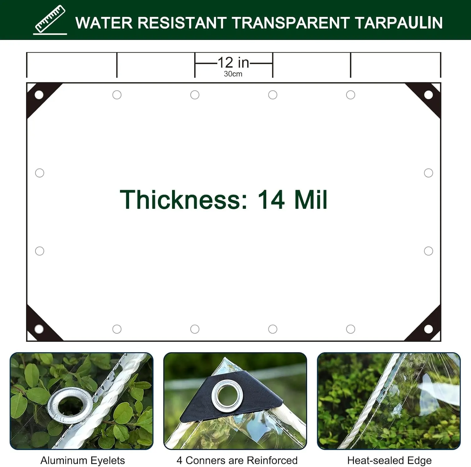 Clear Tarp with Grommets,3x6ft Transparent Heavy Duty Water Resistant Tarp Cover with Reinforced Edge,14Mil Thickened Tear Resistant PVC Vinyl Tarpaulin Enclosure for Patio,Porch and Outdoor