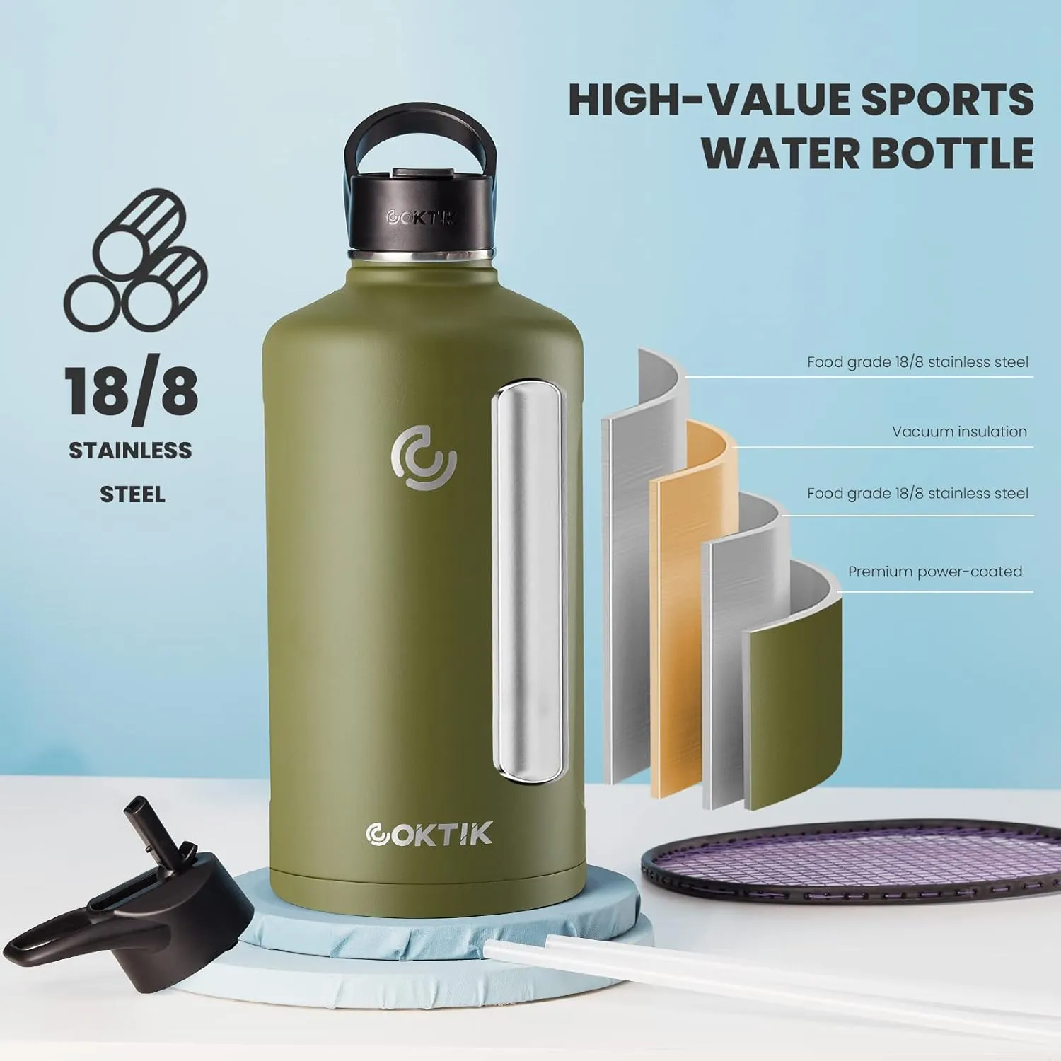 COKTIK 128 oz/One Gallon Water Bottle Insulated, Double Walled Vacumm Metal Stainless Steel Sports Water Bottle with Reusable 2 Lids for Sports, Gym, Fitness or Office(-Army Green)