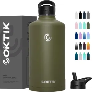 COKTIK 128 oz/One Gallon Water Bottle Insulated, Double Walled Vacumm Metal Stainless Steel Sports Water Bottle with Reusable 2 Lids for Sports, Gym, Fitness or Office(-Army Green)
