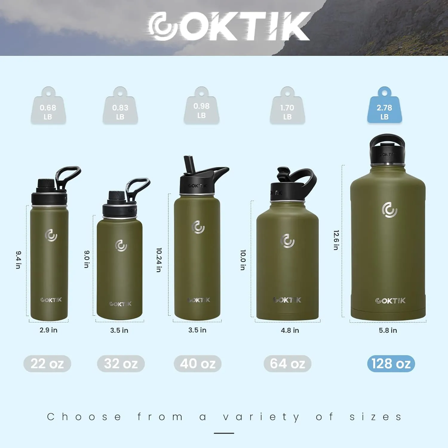 COKTIK 128 oz/One Gallon Water Bottle Insulated, Double Walled Vacumm Metal Stainless Steel Sports Water Bottle with Reusable 2 Lids for Sports, Gym, Fitness or Office(-Army Green)