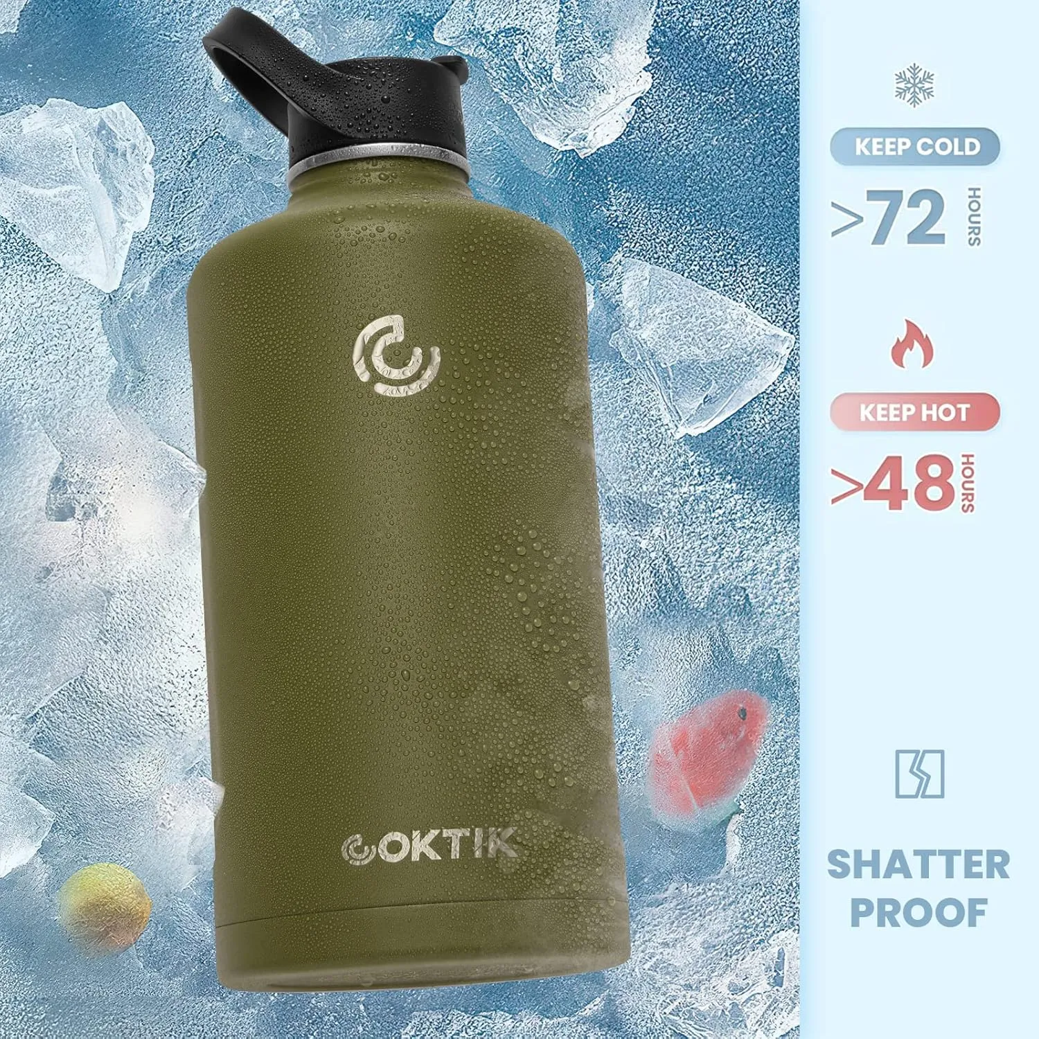 COKTIK 128 oz/One Gallon Water Bottle Insulated, Double Walled Vacumm Metal Stainless Steel Sports Water Bottle with Reusable 2 Lids for Sports, Gym, Fitness or Office(-Army Green)