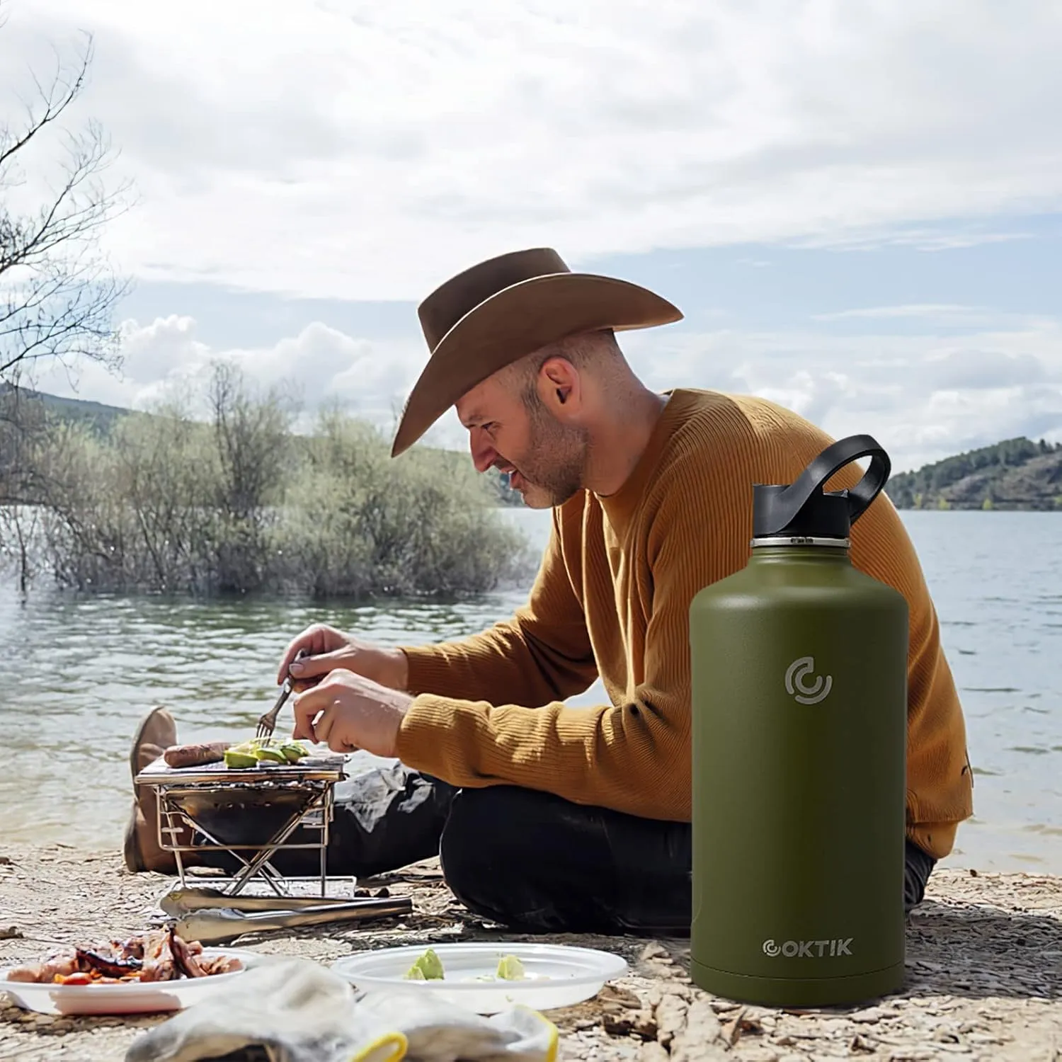 COKTIK 128 oz/One Gallon Water Bottle Insulated, Double Walled Vacumm Metal Stainless Steel Sports Water Bottle with Reusable 2 Lids for Sports, Gym, Fitness or Office(-Army Green)
