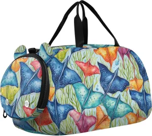 Colorful Stingray Fishes Sports Duffle Bag for Teens Girls Boys, Gym Bag with Shoe Compartment, Kids Travel Overnight Weekender Shoulder Bag