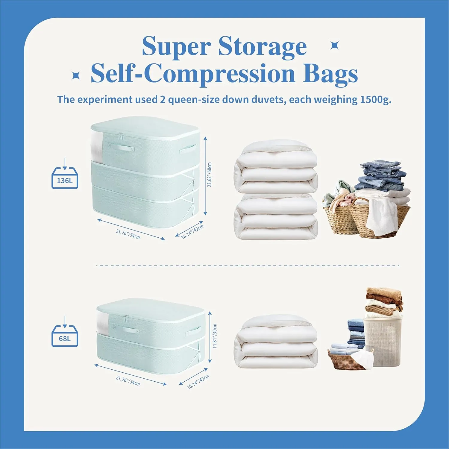 Compression Storage Bags for Bedding, 68L*2PCS Ultra Space Saving Self Compression Organizer with Transparent Window, Used for Storing Comfortable Blankets,Bedding,Pillows,Clothes (Blue 21x16x11 in)
