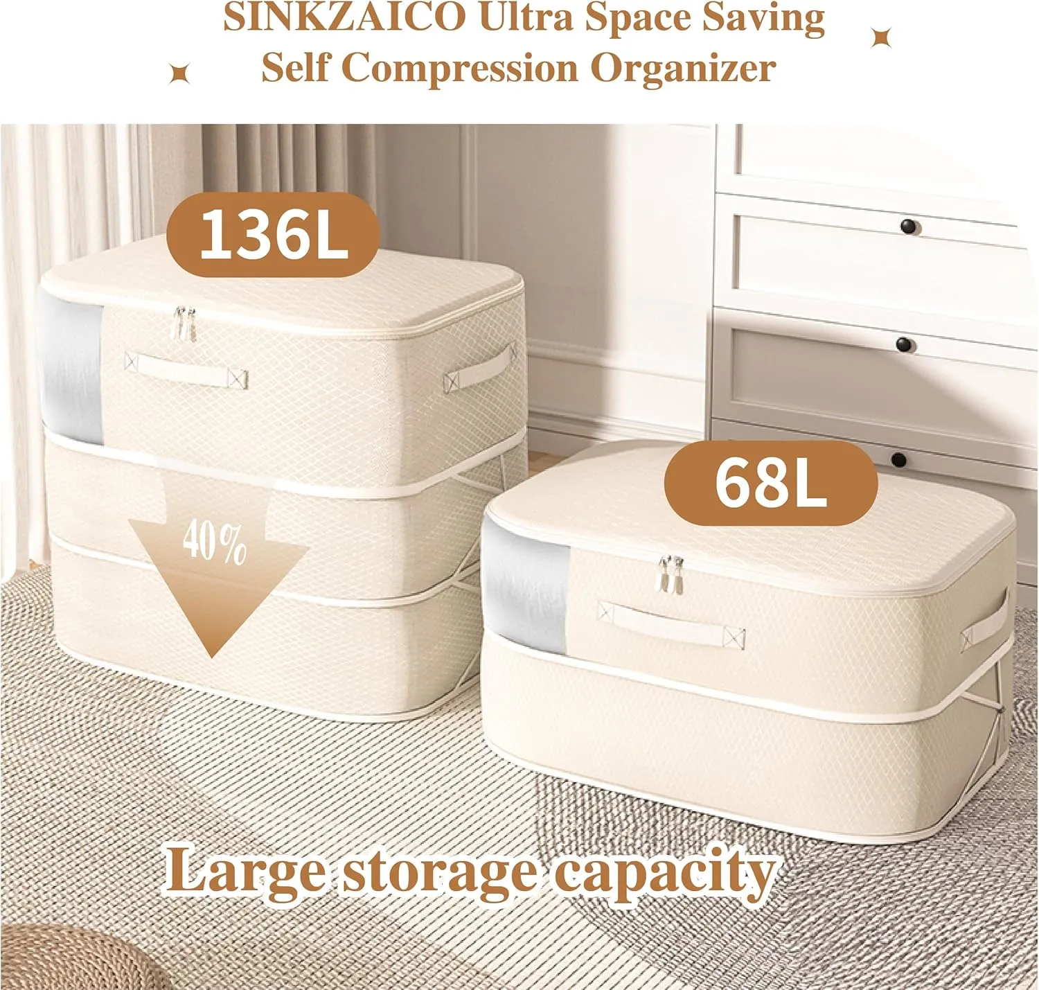 Compression Storage Bags for Bedding, 68L*2PCS Ultra Space Saving Self Compression Organizer with Transparent Window, Used for Storing Comfortable Blankets,Bedding,Pillows,Clothes (Grey 21x16x11 in)
