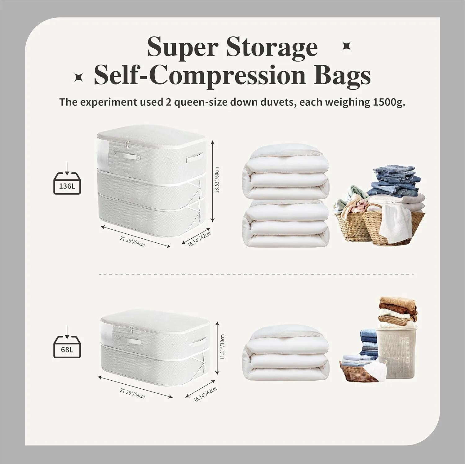 Compression Storage Bags for Bedding, 68L*2PCS Ultra Space Saving Self Compression Organizer with Transparent Window, Used for Storing Comfortable Blankets,Bedding,Pillows,Clothes (Grey 21x16x11 in)