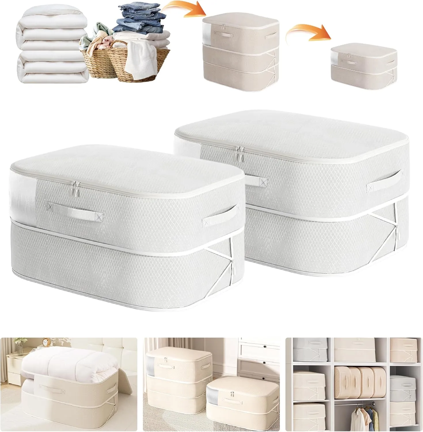 Compression Storage Bags for Bedding, 68L*2PCS Ultra Space Saving Self Compression Organizer with Transparent Window, Used for Storing Comfortable Blankets,Bedding,Pillows,Clothes (Grey 21x16x11 in)