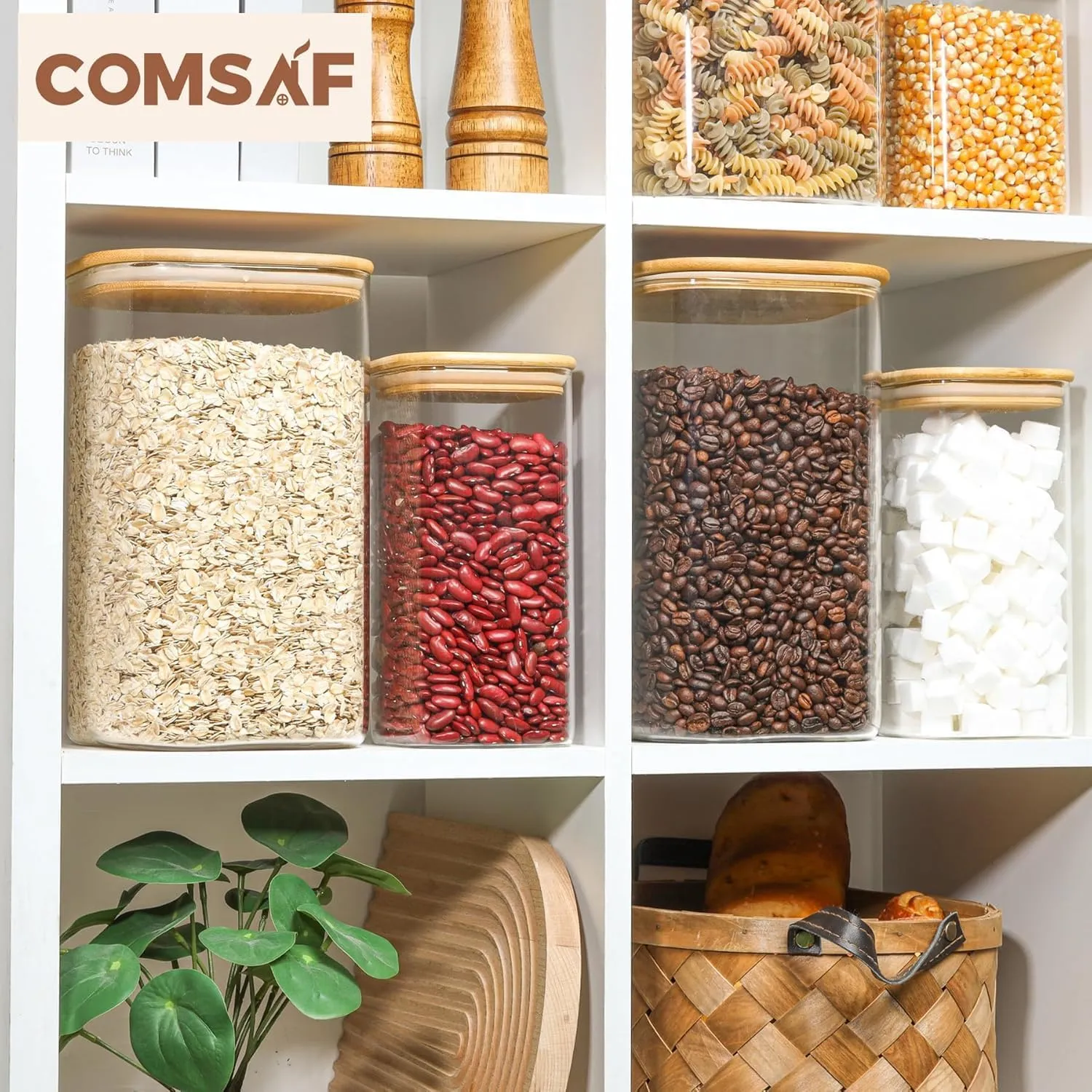 ComSaf 1.2 Gallon Wide Mouth Flour Sugar Storage Containers 2 Pcs, 148 oz Glass Storage Containers with Lids, Large Pantry Glass Jar with Lid, Big Jars for Rice, Flour, Sugar, Cereal, Cookie, Coffee