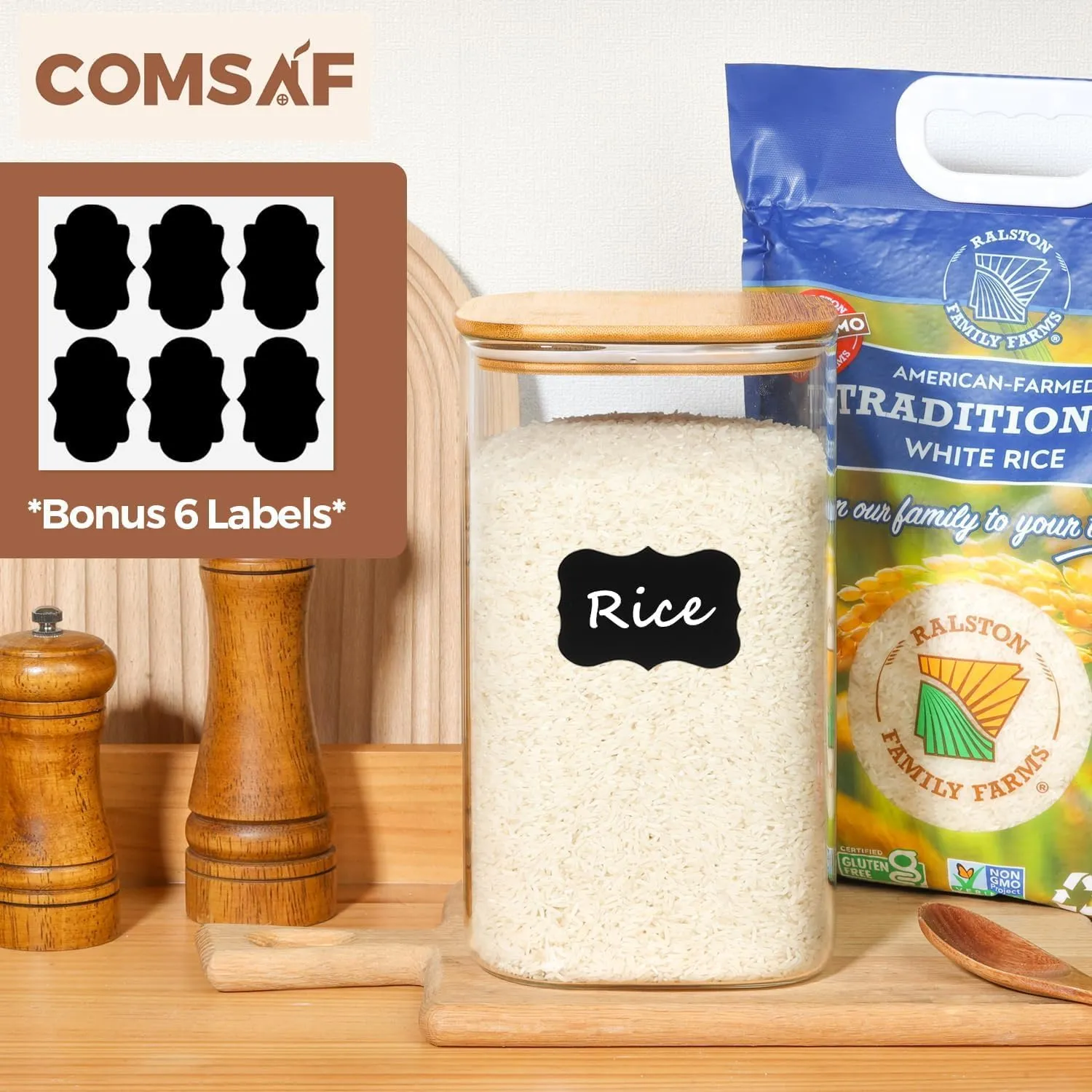 ComSaf 1.2 Gallon Wide Mouth Flour Sugar Storage Containers 2 Pcs, 148 oz Glass Storage Containers with Lids, Large Pantry Glass Jar with Lid, Big Jars for Rice, Flour, Sugar, Cereal, Cookie, Coffee