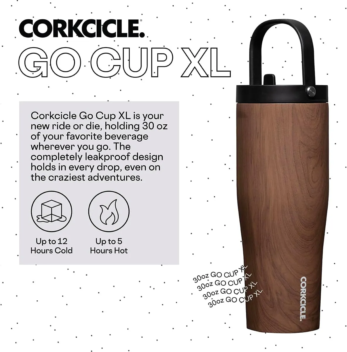 Corkcicle Go Cup XL Insulated Tumbler with Lid and Straw, Walnut Wood, 30 oz – Reusable Water Bottle Keeps Beverages Cold for 12hrs – Cupholder Friendly Tumbler, Leak-Proof Design