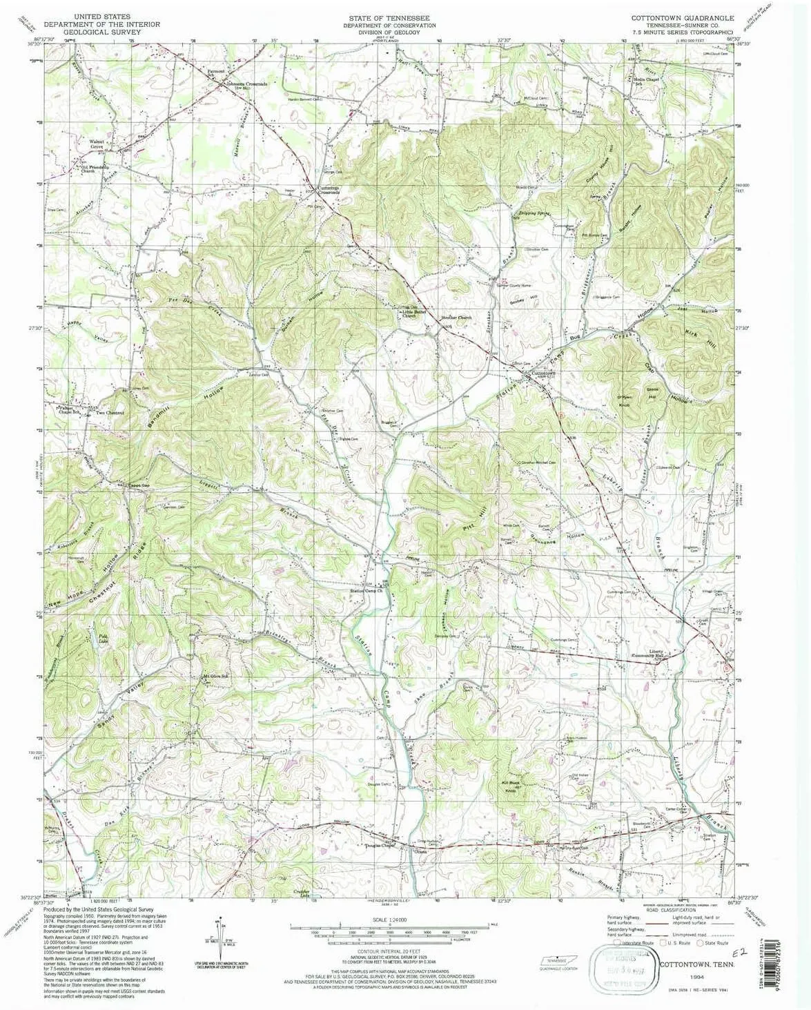 Cottontown TN topo map, 1:24000 Scale, 7.5 X 7.5 Minute, Historical, 1994, Updated 1997, 27.4 x 22 in