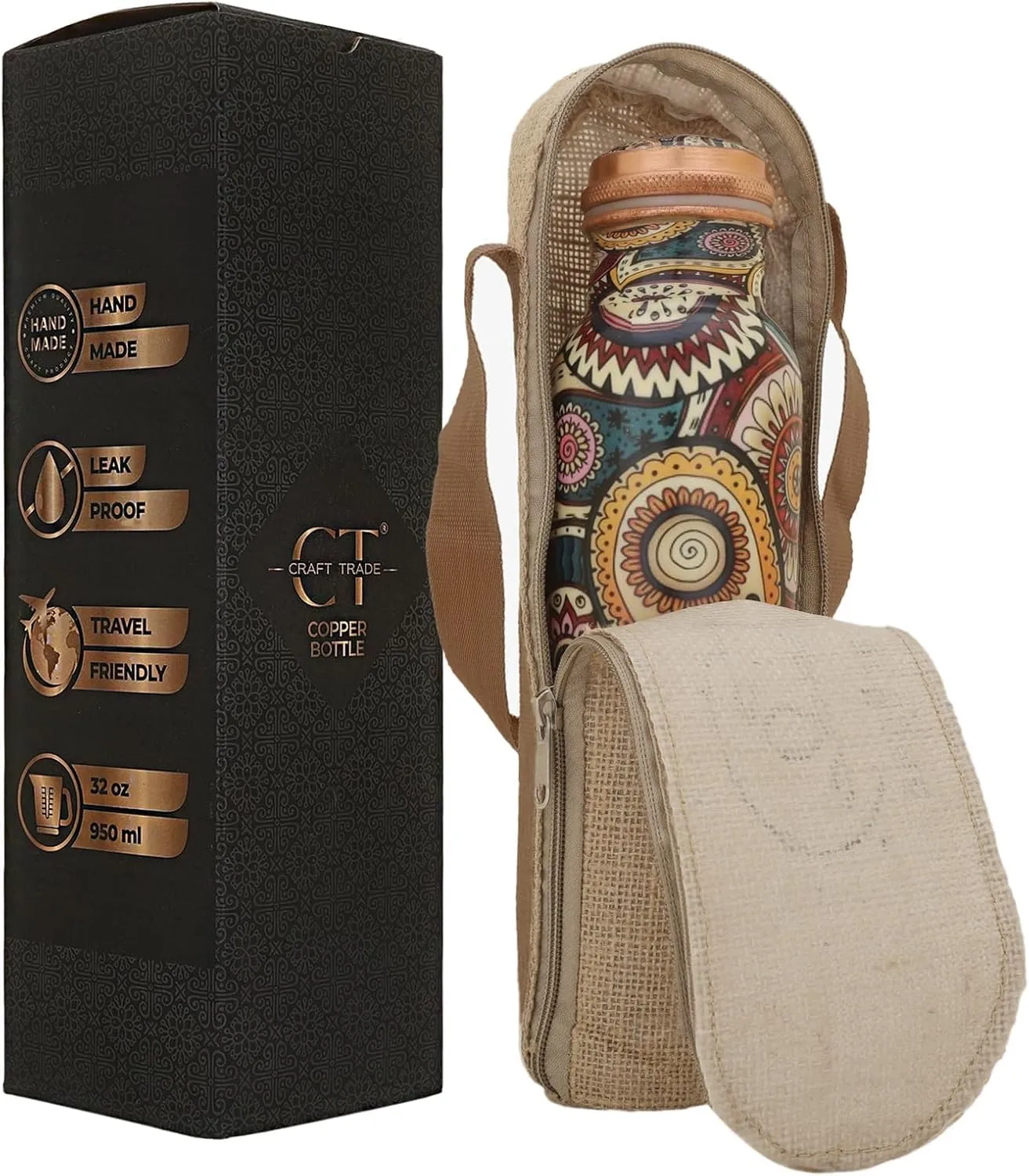 Craft Trade Set of 2 Printed Pure Copper Bottle with Lid and Carry Bag for Drinking Water BPA Free Leak Proof Boosts Immunity, Supports Digestive & Ayurveda Inspired 34oz - 1 Litre
