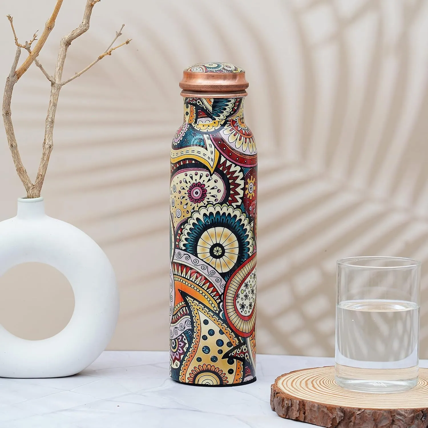 Craft Trade Set of 2 Printed Pure Copper Bottle with Lid and Carry Bag for Drinking Water BPA Free Leak Proof Boosts Immunity, Supports Digestive & Ayurveda Inspired 34oz - 1 Litre