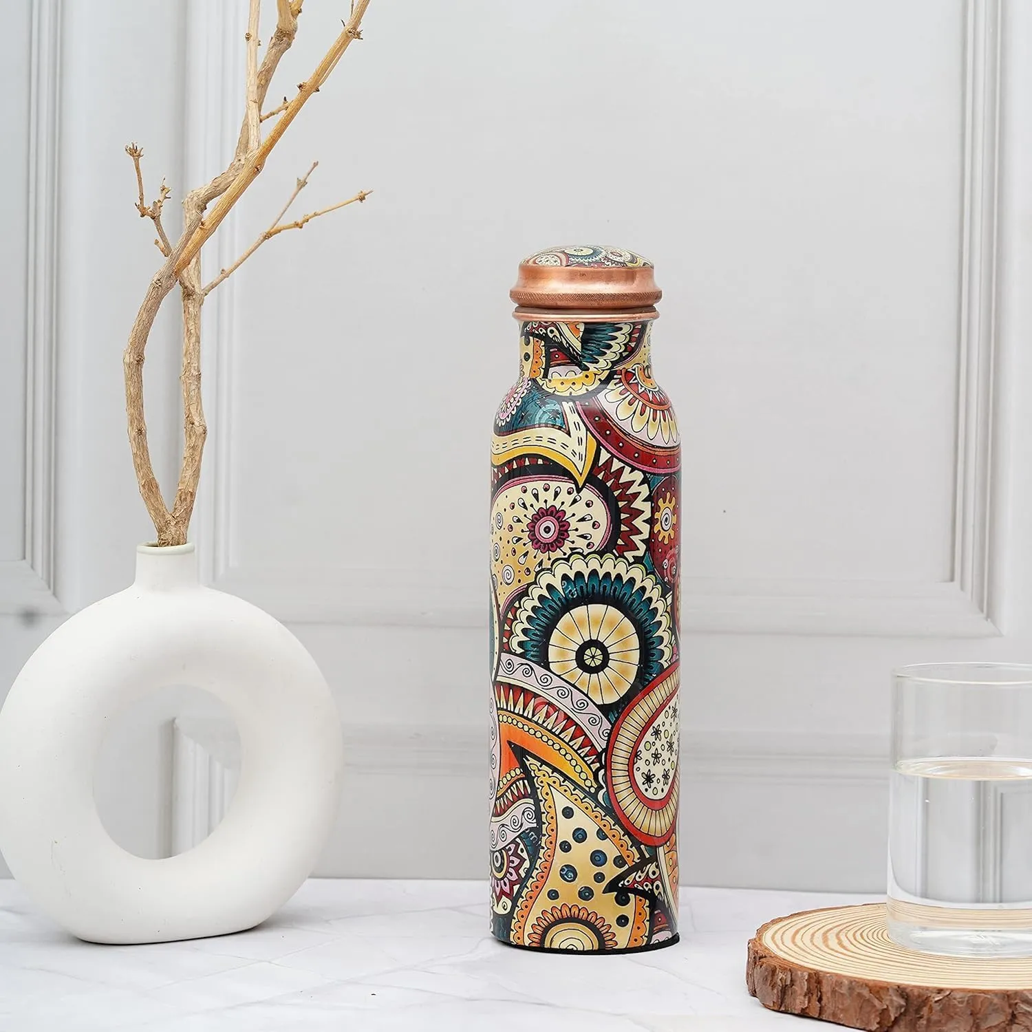 Craft Trade Set of 2 Printed Pure Copper Bottle with Lid and Carry Bag for Drinking Water BPA Free Leak Proof Boosts Immunity, Supports Digestive & Ayurveda Inspired 34oz - 1 Litre