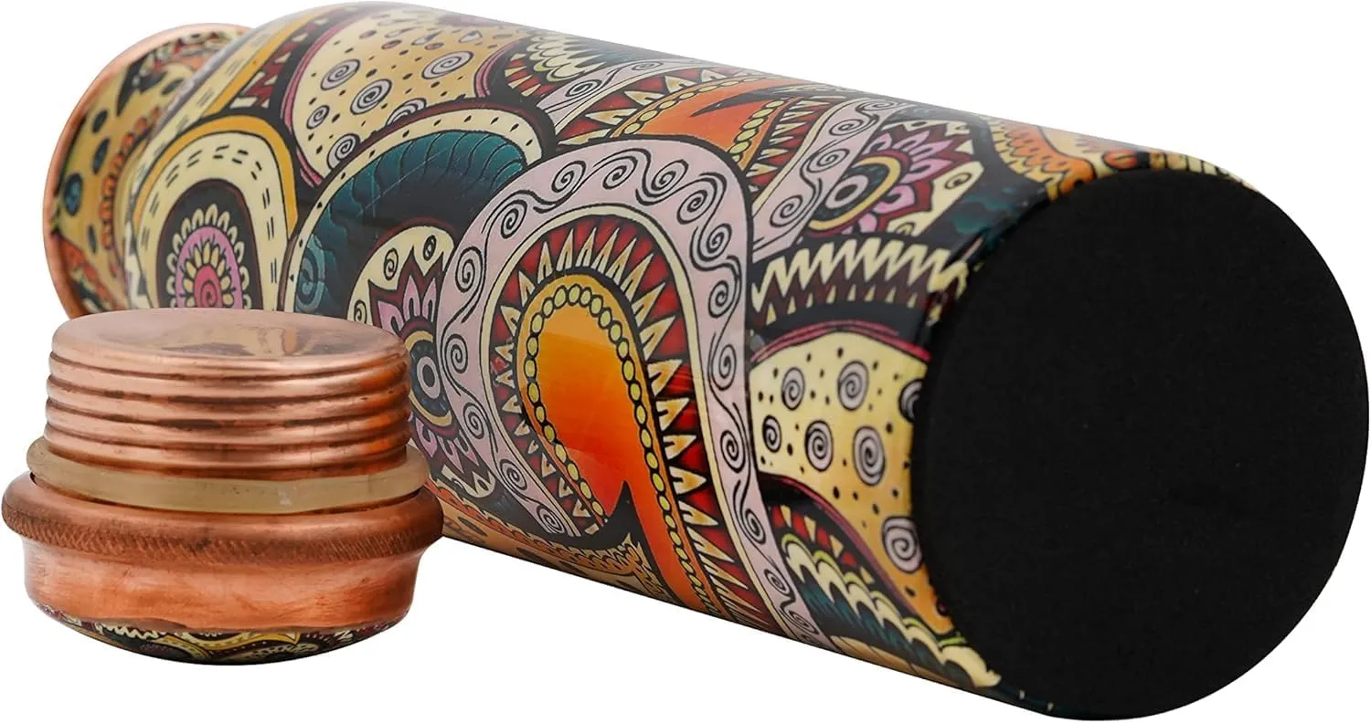 Craft Trade Set of 2 Printed Pure Copper Bottle with Lid and Carry Bag for Drinking Water BPA Free Leak Proof Boosts Immunity, Supports Digestive & Ayurveda Inspired 34oz - 1 Litre