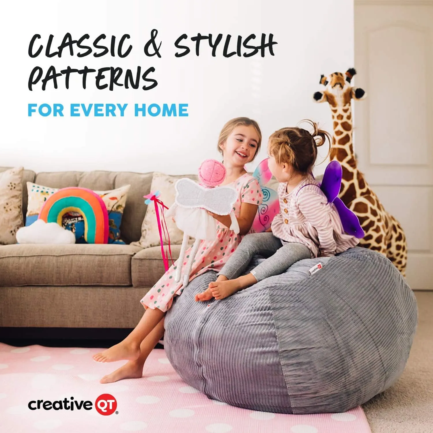 Creative QT Stuff ’n Sit Extra Large 38’’ Bean Bag Storage Cover for Stuffed Animal & Toys, Giant Bean Bag Chair for Plush, Toddler & Kid Bedroom Organizer, Purple Unicorn Stuffed Animal Storage Cover