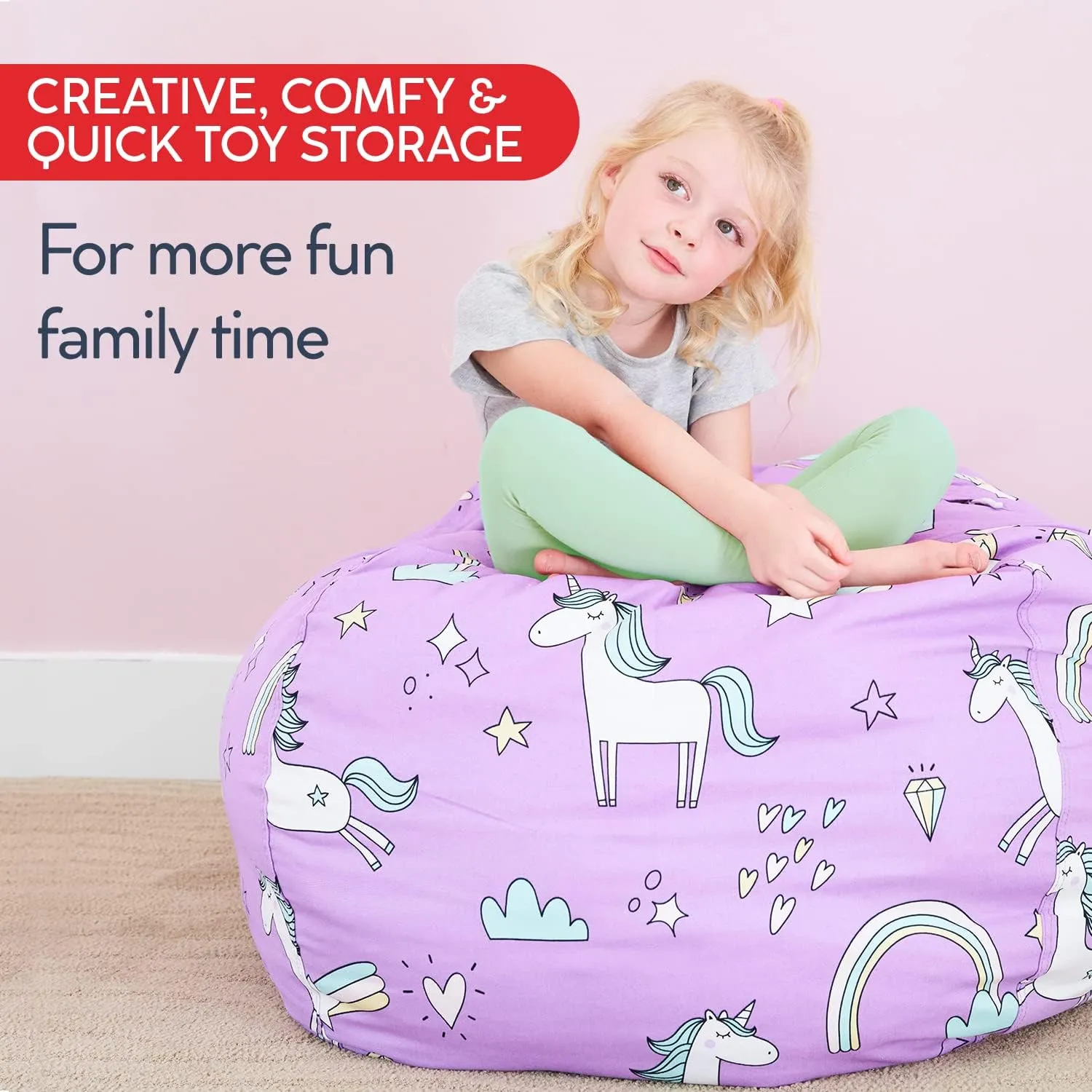 Creative QT Stuff ’n Sit Extra Large 38’’ Bean Bag Storage Cover for Stuffed Animal & Toys, Giant Bean Bag Chair for Plush, Toddler & Kid Bedroom Organizer, Purple Unicorn Stuffed Animal Storage Cover
