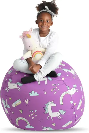 Creative QT Stuff ’n Sit Extra Large 38’’ Bean Bag Storage Cover for Stuffed Animal & Toys, Giant Bean Bag Chair for Plush, Toddler & Kid Bedroom Organizer, Purple Unicorn Stuffed Animal Storage Cover