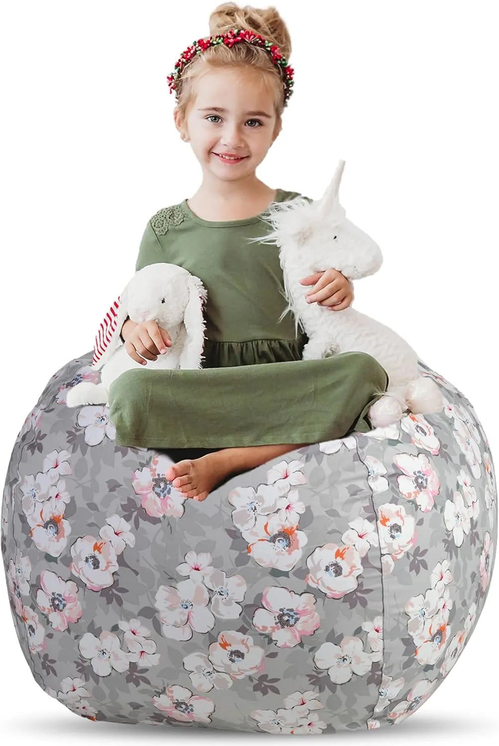 Creative QT Stuff ’n Sit Large 33’’ Bean Bag Storage Cover for Stuffed Animals & Toys, Giant Bean Bag Chair for Plush, Toddler & Kids Bedroom Organizer, Gray Floral - Stuffed Animal Storage Cover
