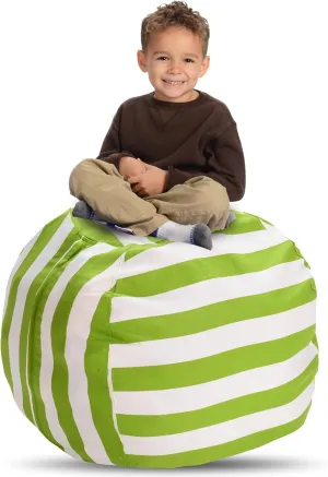Creative QT Stuff ’n Sit Large 33’’ Bean Bag Storage Cover for Stuffed Animals & Toys, Giant Bean Bag Chair for Toddler & Kids Bedroom Organizer, Green/White Stripe, Stuffed Animal Storage Cover