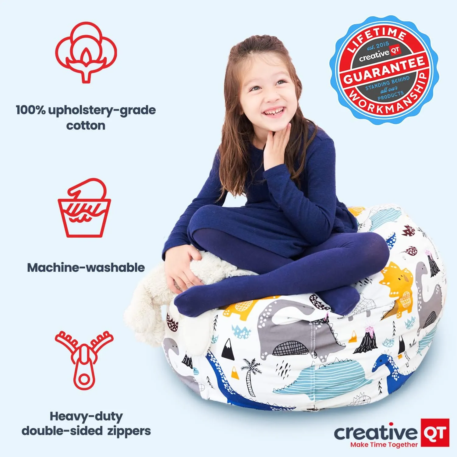 Creative QT Stuff ’n Sit Large 33’’ Bean Bag Storage Cover for Stuffed Animals & Toys, Giant Bean Bag Chair for Toddler & Kids Bedroom Organizer, Green/White Stripe, Stuffed Animal Storage Cover