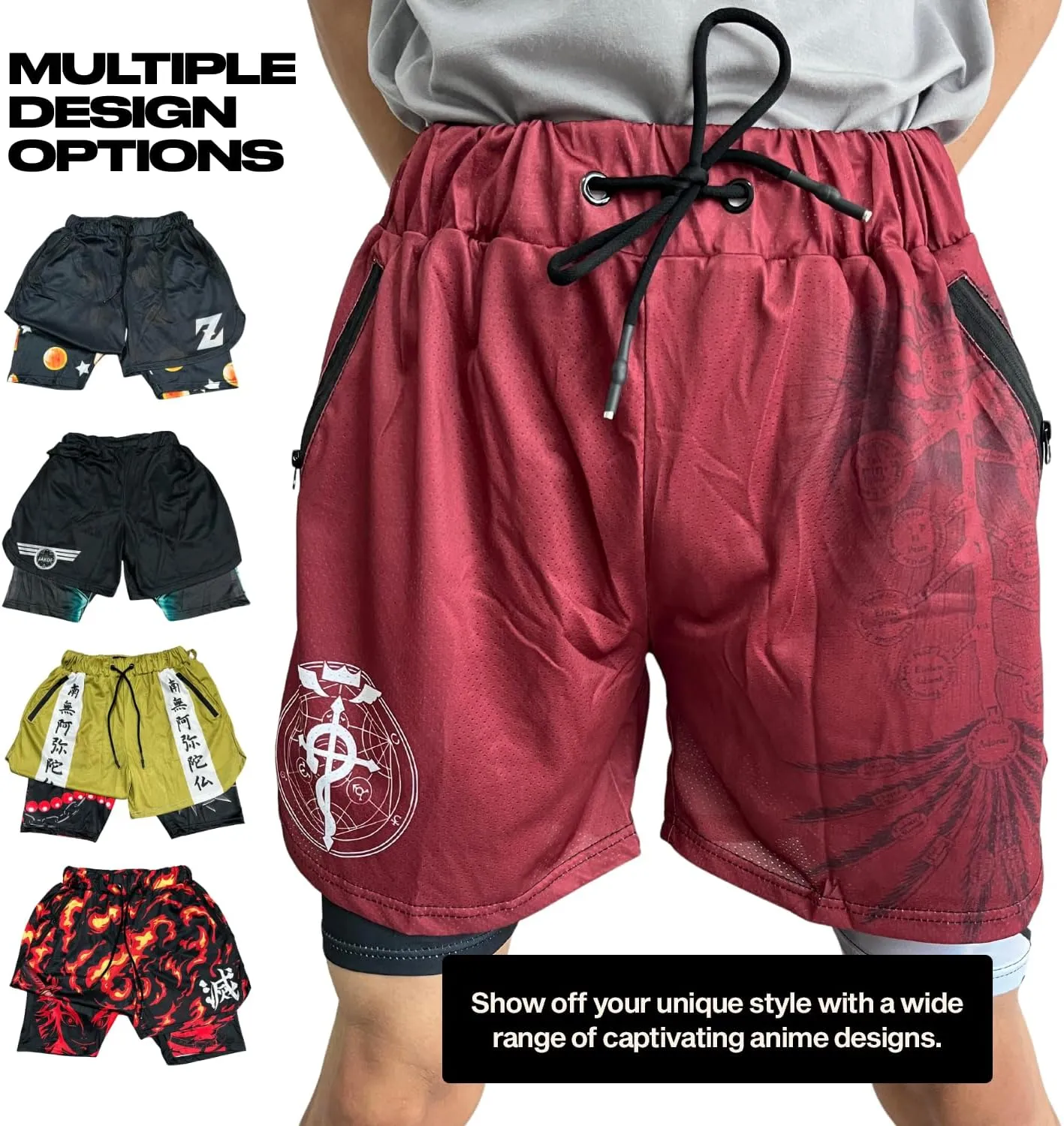 CROWN Anime Shorts - Breathable Mesh Stretch Compression Short with Pockets and Towel Holder