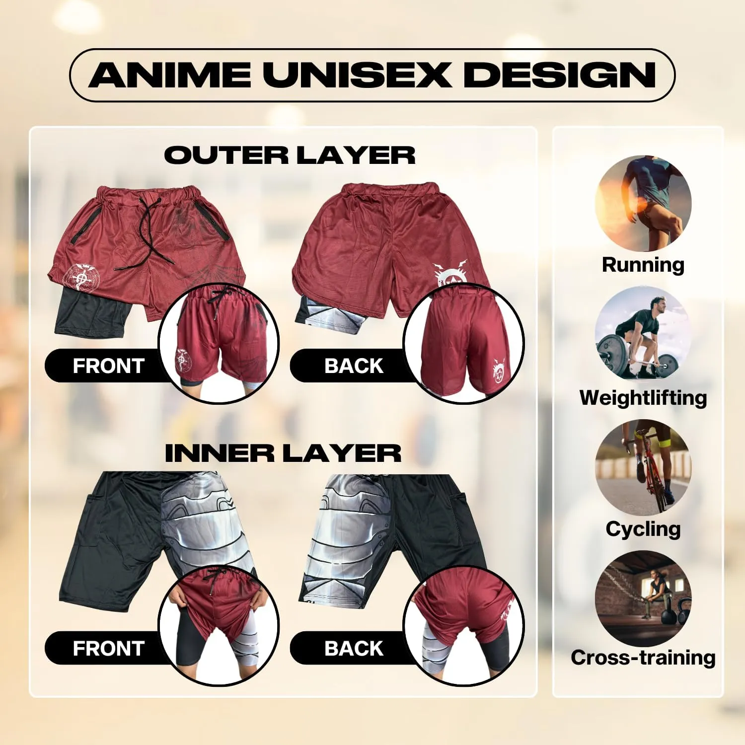 CROWN Anime Shorts - Breathable Mesh Stretch Compression Short with Pockets and Towel Holder