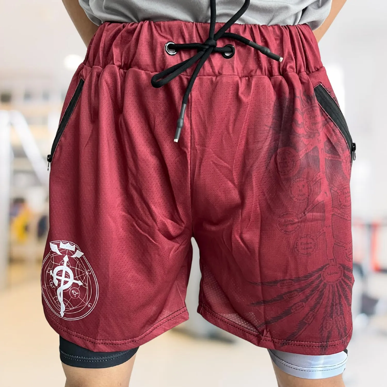 CROWN Anime Shorts - Breathable Mesh Stretch Compression Short with Pockets and Towel Holder
