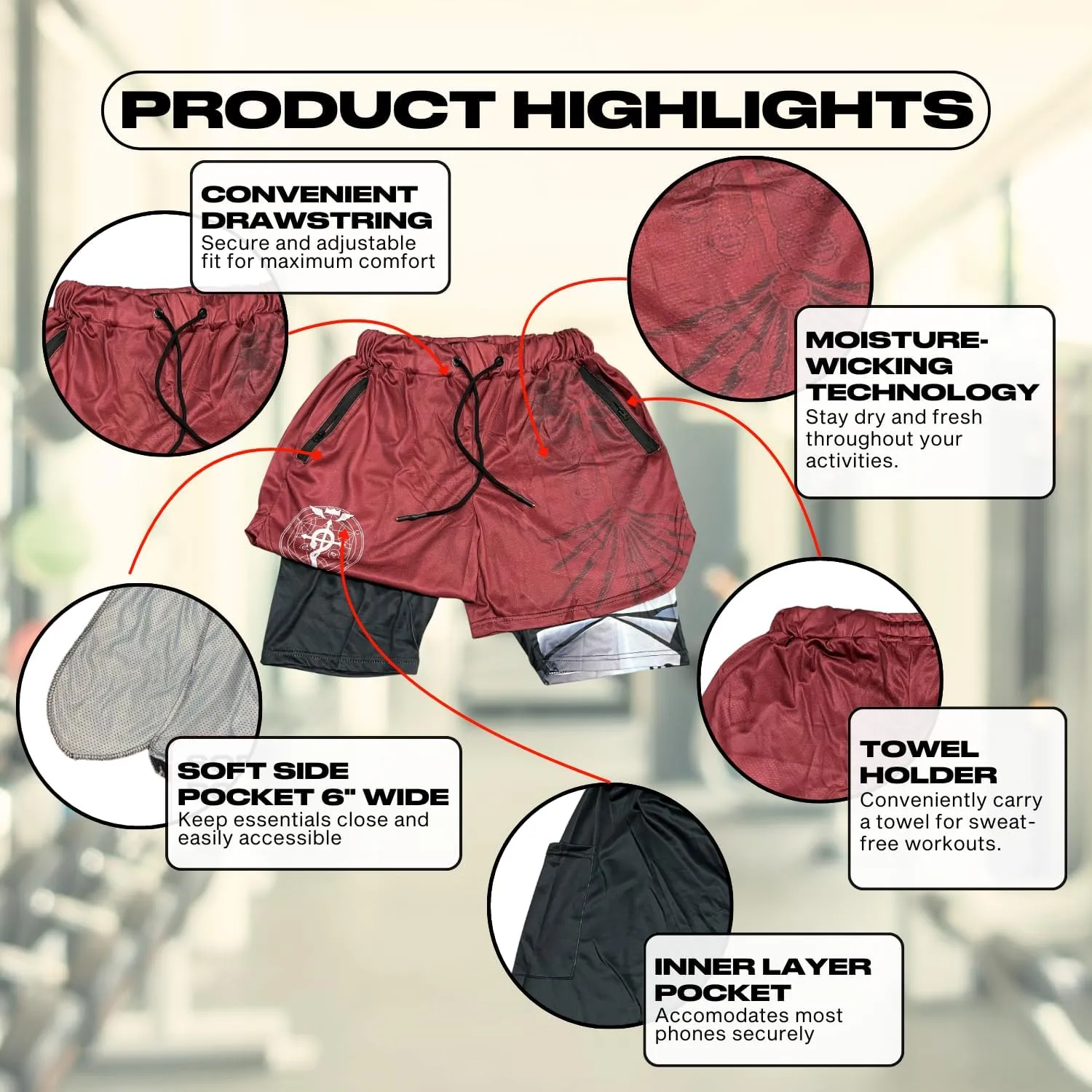 CROWN Anime Shorts - Breathable Mesh Stretch Compression Short with Pockets and Towel Holder