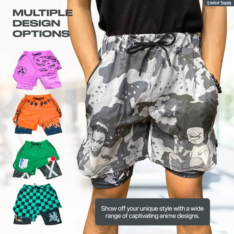 CROWN Anime Shorts - Breathable Stretch Compression Gym Short with Pockets and Towel Holder